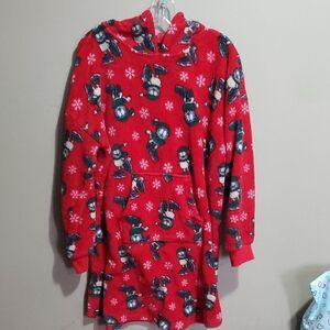 Red Snowman Print Hooded Long Sweater Size Large